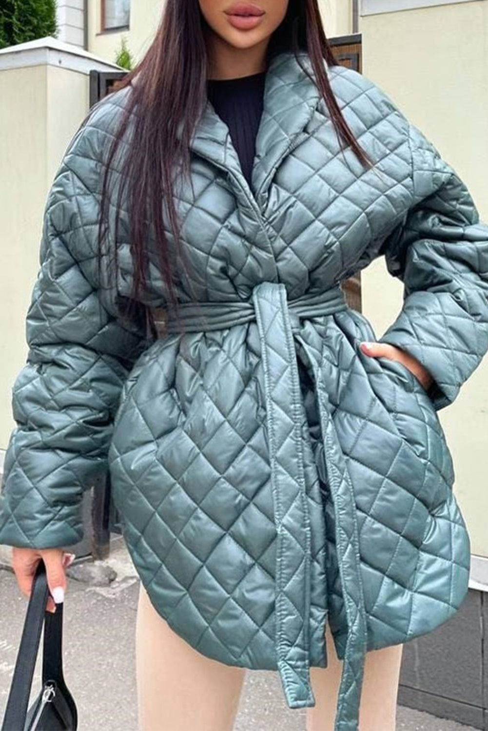 Canton Lapel Collar Belted Quilted Long Puffer Coat