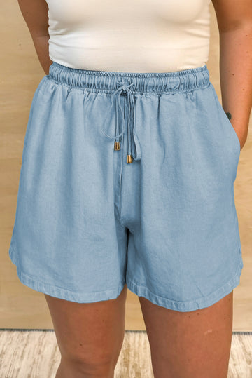 Beau Blue Washed Chambray Drawstring Elastic Waist Plus Size Shorts