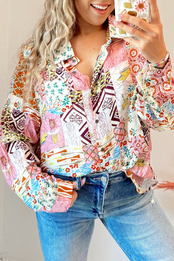 Pink Abstract Colorful Printed Button Down Shirt