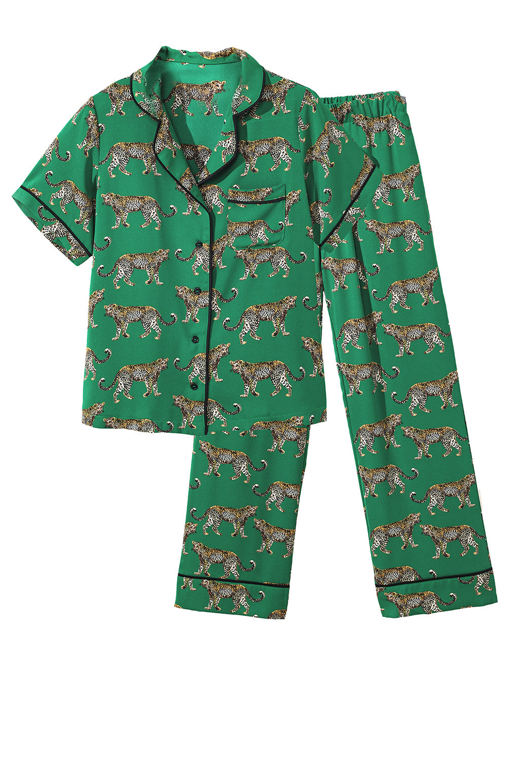 Green Cheetah Print Short Sleeve Shirt and Trousers Pyjamas Set