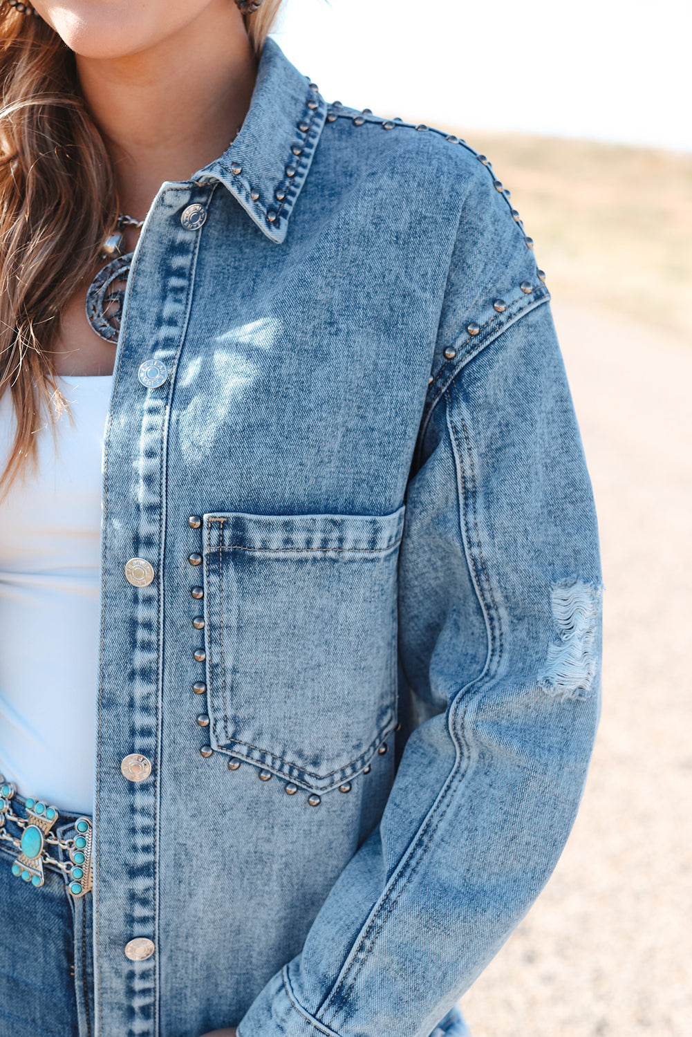 Sky Blue Studded Acid Wash Denim Jacket