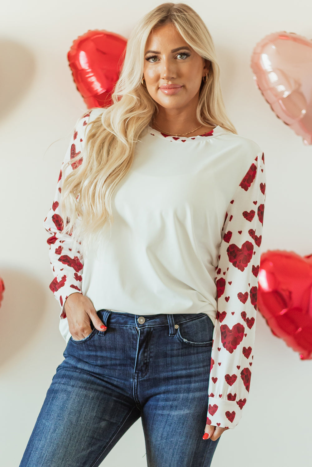 White Heart Shape Print Round Neck Long Sleeve T Shirt