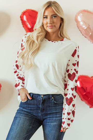 White Heart Shape Print Round Neck Long Sleeve T Shirt