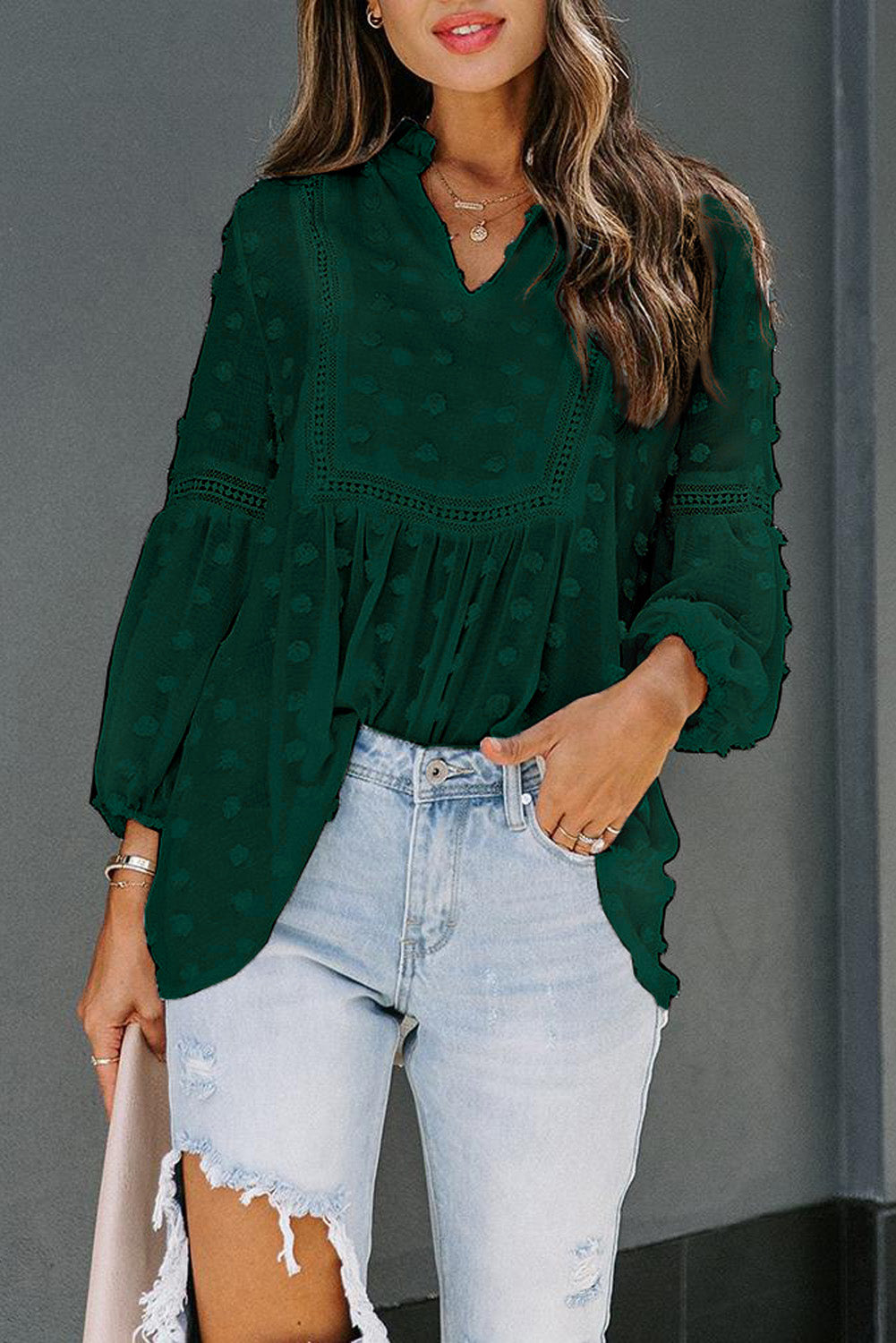 Green Ruffled Split Neck Lace Hollow Out Puff Sleeve Polka Dot Blouse