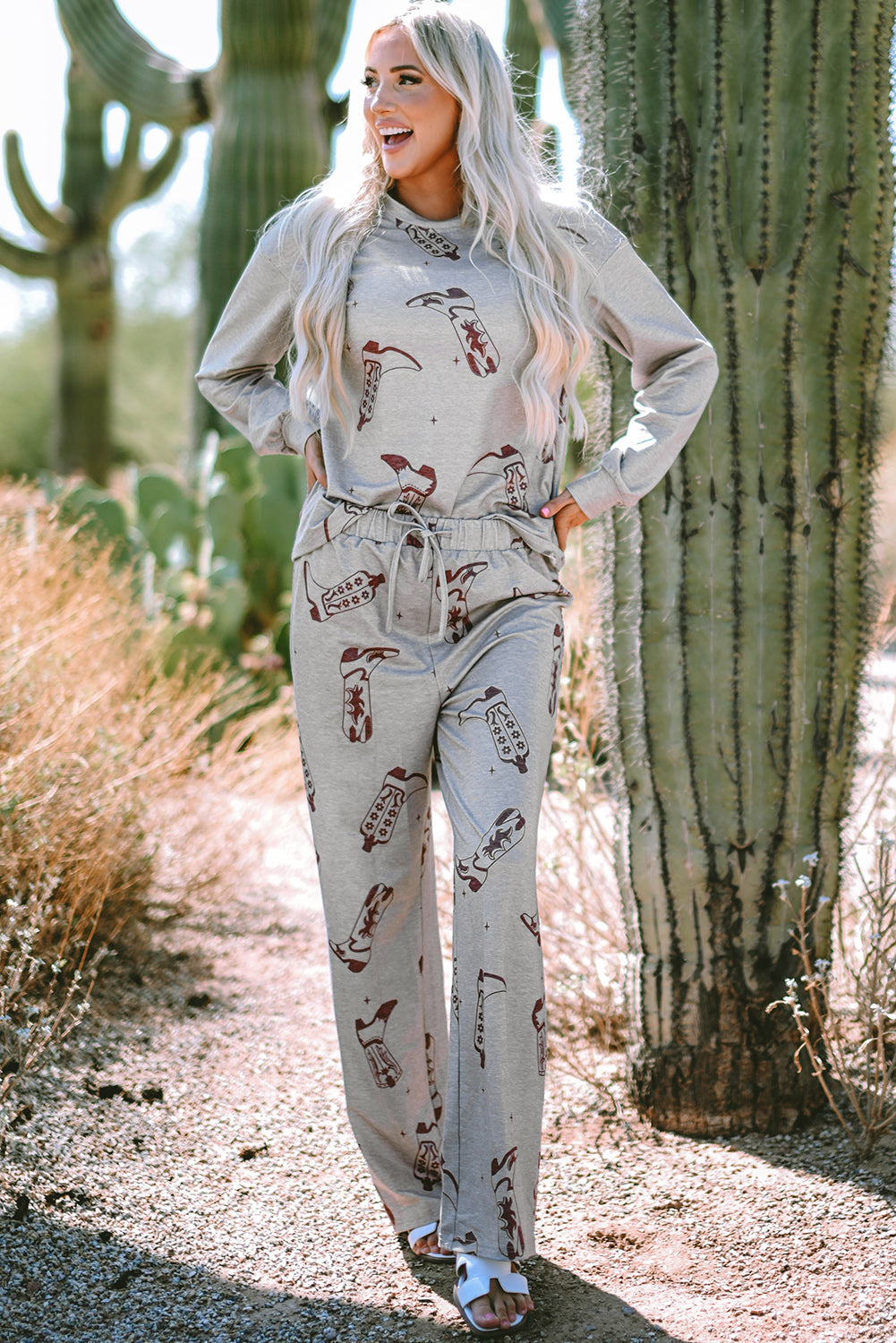 Grey Cowgirl Boots Printed Long Sleeve Top Trousers Lounge Set