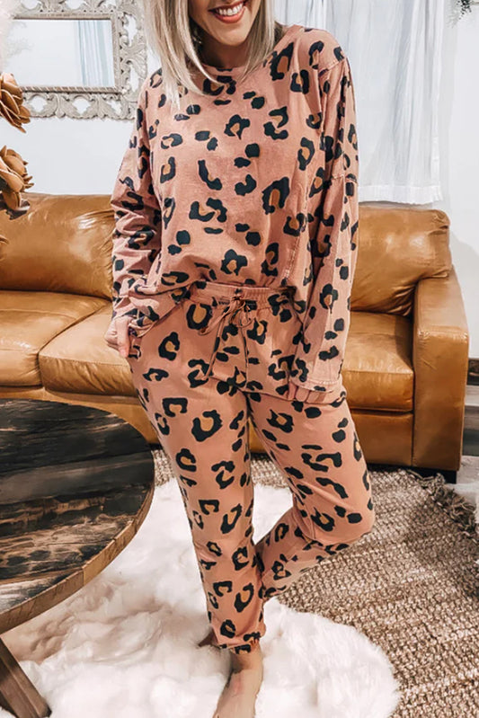 Pale Chestnut Leopard Long Sleeve Top and Drawstring Trousers Set