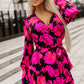 Rose Floral Print V Neck Wrap Bishop Sleeve Ruffle Tiered Mini Dress