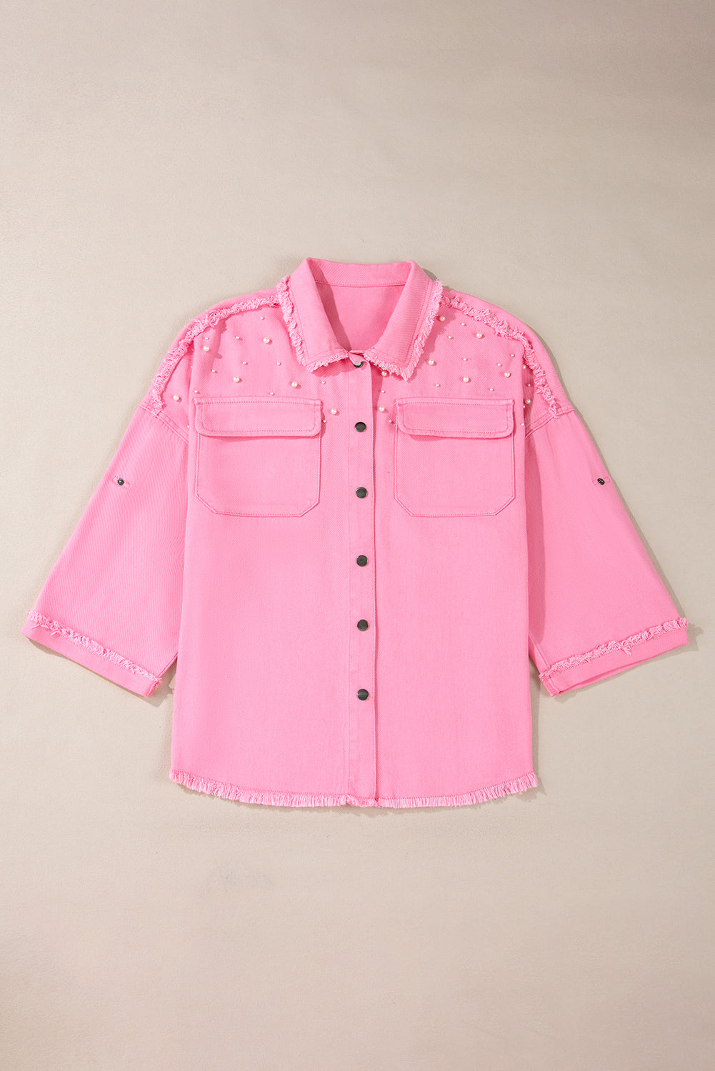 Bonbon Pearl Beaded Raw Hem Button Up Denim Jacket