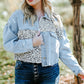 Blue Plus Size Leopard Ripped Cropped Denim Jacket