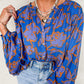 Blue Floral Print Batwing Sleeve Buttoned Loose Fit Shirt