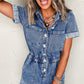 Dusk Blue Chest Pocket Front Buttoned Folded Edge Denim Short Sleeve Romper