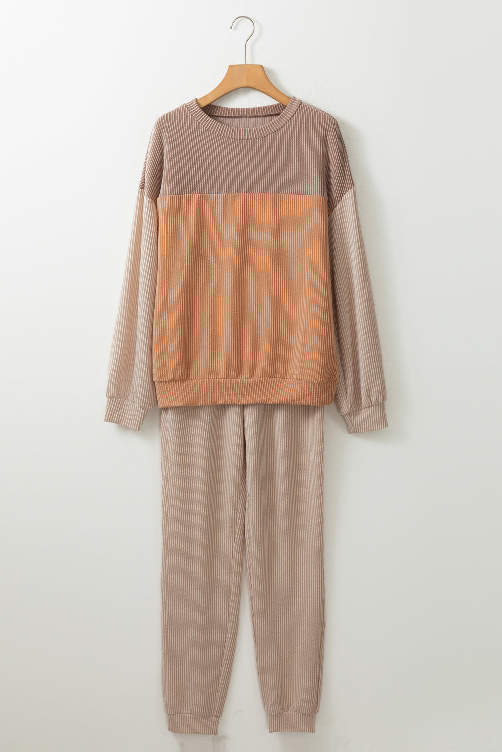 Khaki Corded 2pcs Colorblock Pullover and Pants Outfit