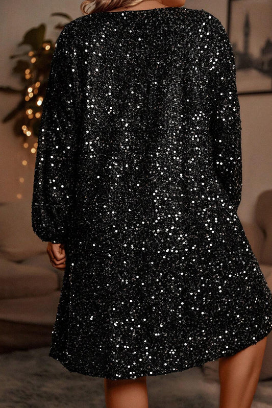 Colour black Plus Size Bubble Sleeve V Neck Sequin Dress