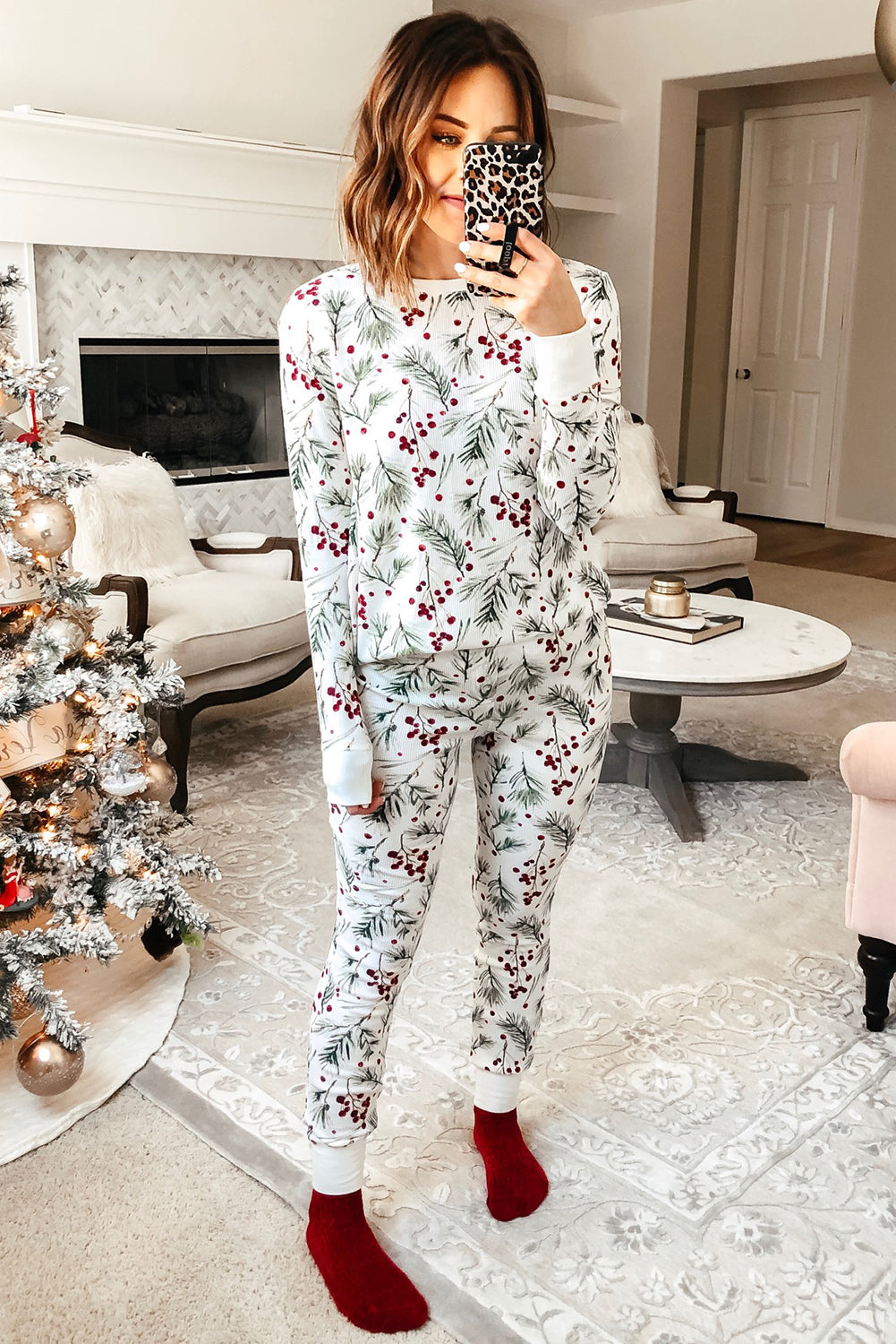 White Holly Print Thermal Pullover Trousers Lounge Set