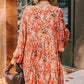 Orange Floral Print Split V Neck Bubble Sleeve Plus Size Midi Dress