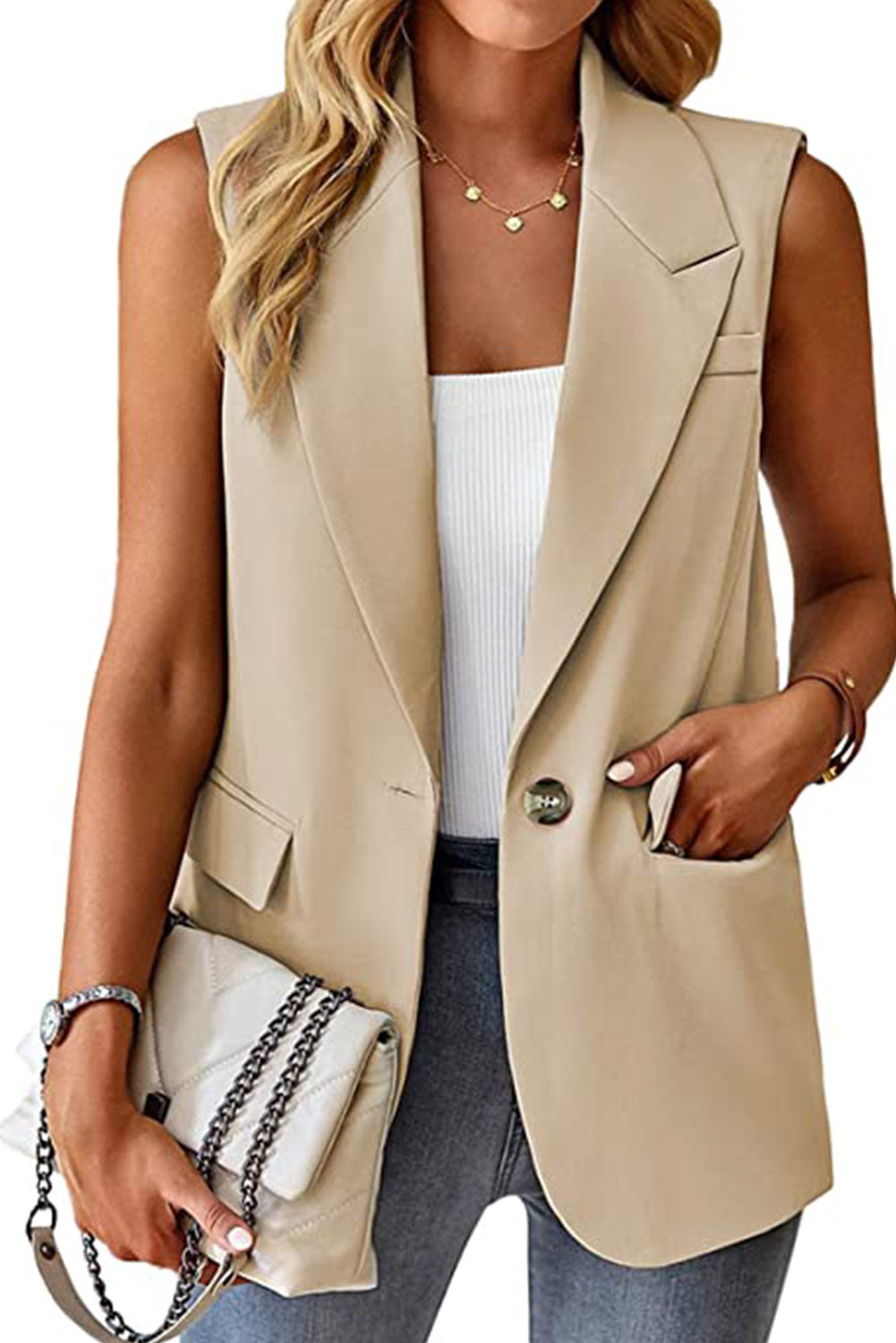 Apricot Single Button Pocketed Lapel Sleeveless Blazer