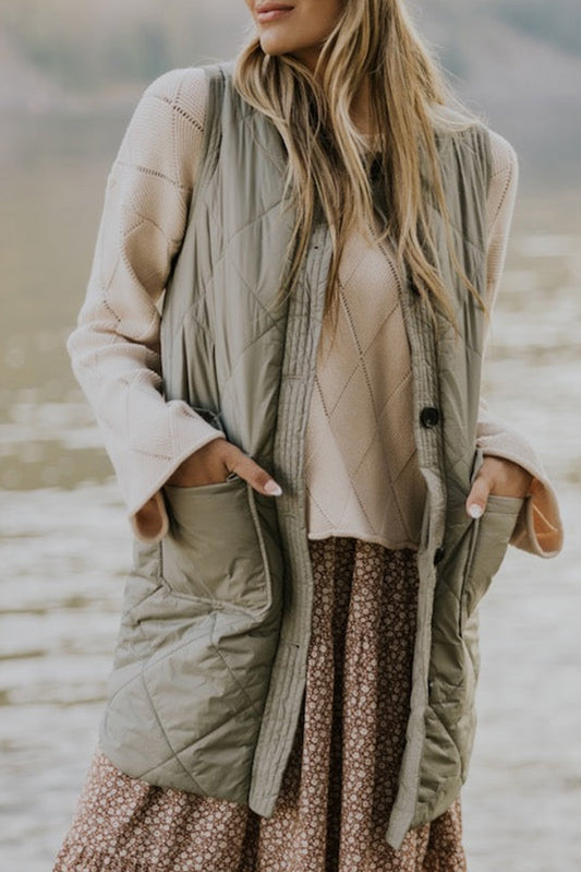 Grass Green Quilted Long Sleeveless Coat with Pockets