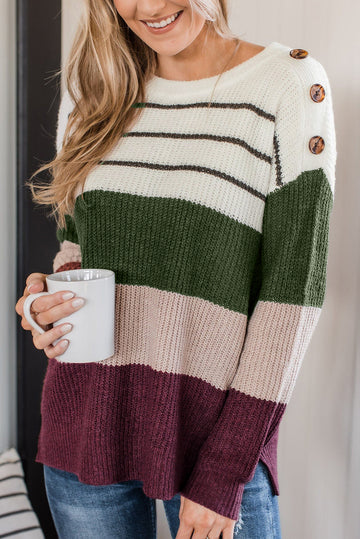 Green Colour Block Striped Buttoned Shoulder Split Sweater