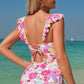 Pink Floral Ruffle Trim V Neck Lace-up Back Tummy Control One Piece Swimsuit