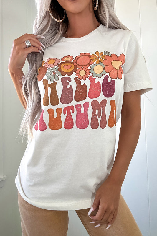 White Floral HELLO AUTUMN Printed Crewneck T Shirt