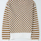 Brown Checkered Striped Patched Buttoned V Neck Cardigan