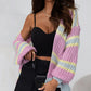 Pink Contrast Striped Open Front Cable Cardigan