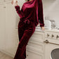 Fiery Red Solid Velvet Two Piece Lounge Set