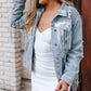 Sky Blue Sequin Embellished Fringe Distressed Denim Jacket