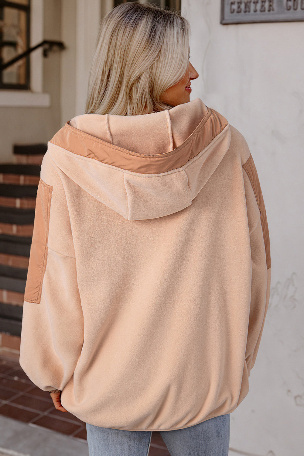 Light French Beige Colourblock Patchwork Half Zip Oversized Sherpa Hoodie