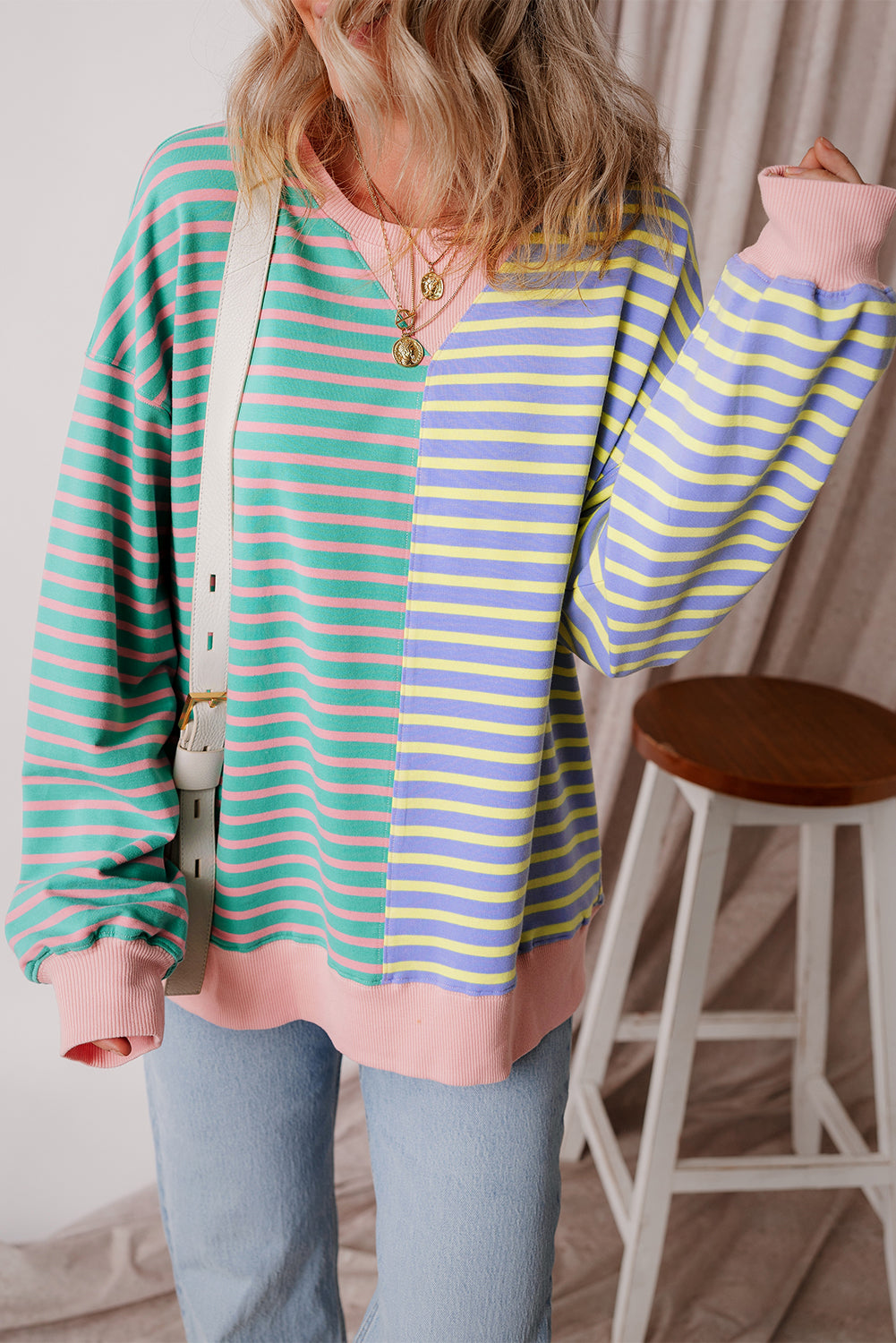 Brown Stripe Casual Stripe Colourblock Drop Shoulder Oversize Sweatshirt