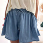 Dusk Blue Drawstring Elastic Waist Wide Leg Denim Shorts