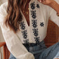 White Floral Embroidered Frilled V Neck Puff Sleeve Blouse