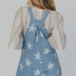 Light Blue Star Printed Buttoned Straps Pocketed Denim Romper