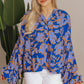 Blue Floral Print Batwing Sleeve Buttoned Loose Fit Shirt