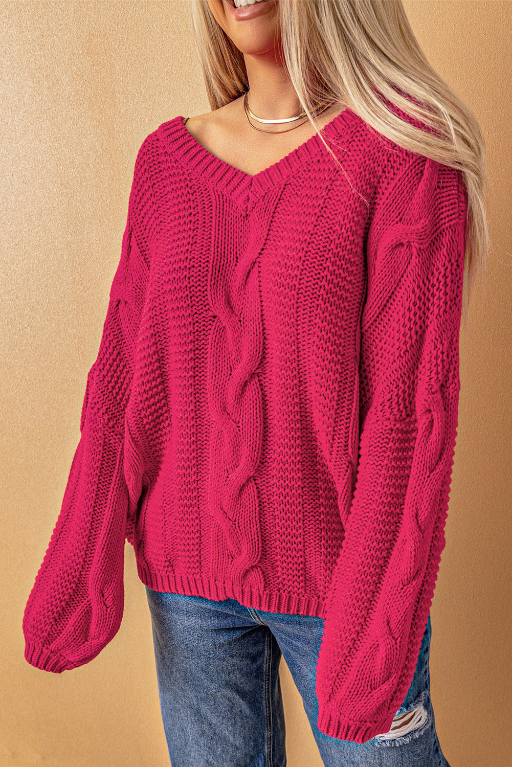 Rose Bubblegum V-Neck Braided Knit Sweater