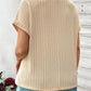 Beige Lace Crochet Patched Cable Textured Cuffed Short Sleeve Plus Size Top