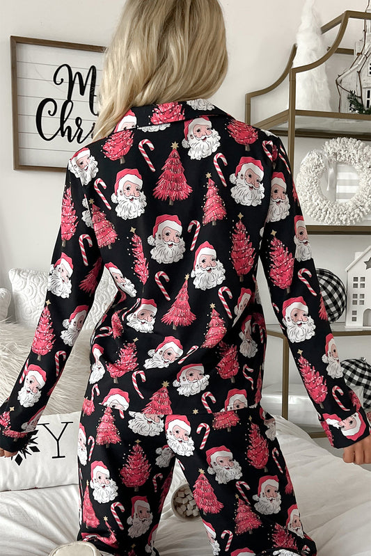 Black Christmas Santa Printed Two Piece Pyjamass Set