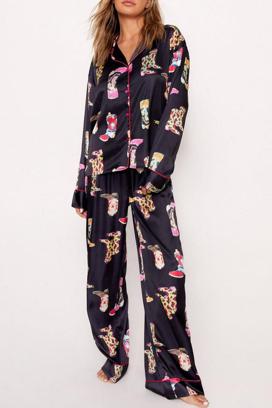 Black Western Cowgirl Boots Printed Satin Long Pyjamas Set