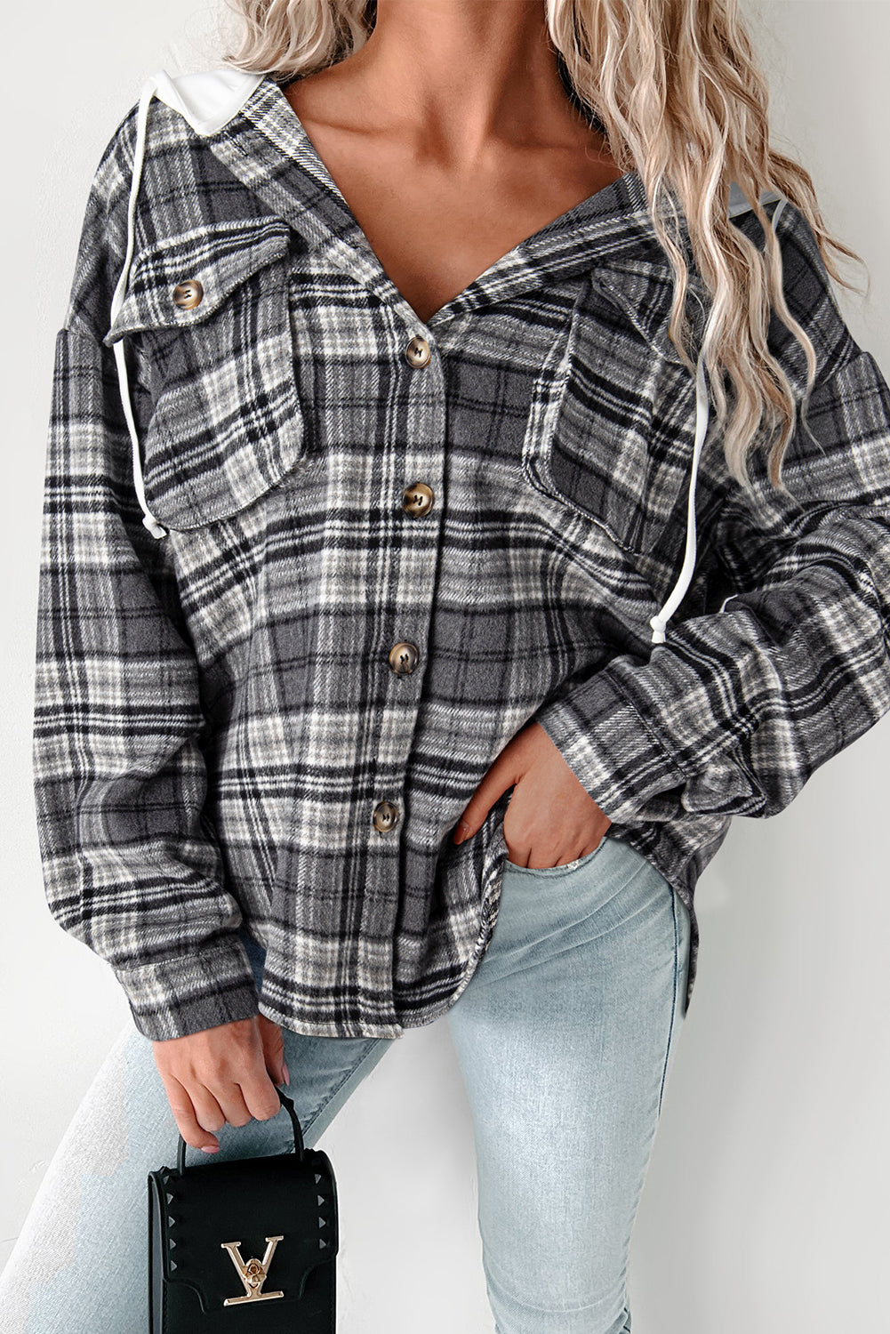 Black Plaid Print Flap Pockets Contrast Hooded Loose Shacket