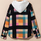 Multicolour Plaid Color Block Flap Pocket Buttoned Hoodie