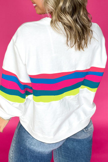 White Plus Size Colourful Striped Drop Shoulder Loose Sweatshirt