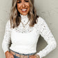 White Flower Lace See Through Mock Neck Long Sleeve Top