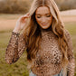 Brown Leopard Smocked Neck Mesh Long Sleeve Bodysuit