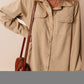 Light French Beige Solid Frilled Flap Pocket Button Up Corduroy Shacket