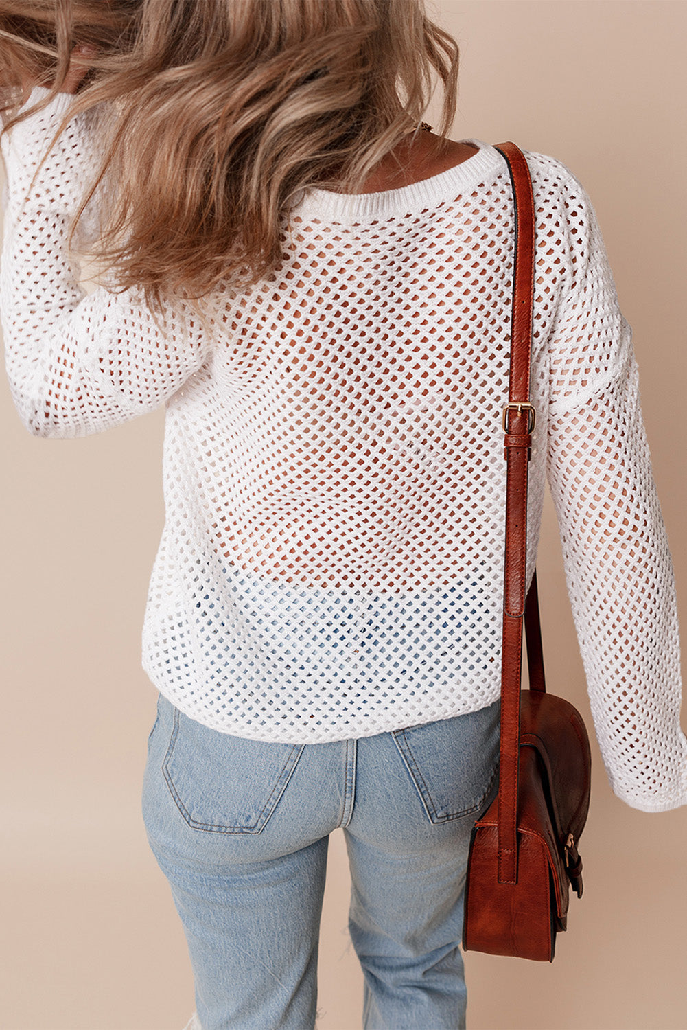 White Open Knit Buttoned Neck Split Sleeve Sweater