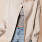 Beige Baseball Collar Snap Button Pocketed Bomber Jacket