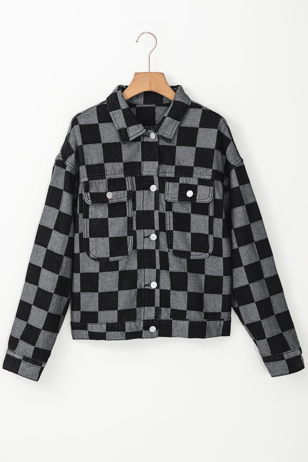 Light Blue Checkered Patchwork Button up Denim Jacket