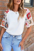 Turquoise Floral Crochet Short Sleeve Top - BB Fashion Outlet