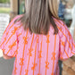 Rose Bowknot Print Shirred V Neck Puff Sleeve Plus Size Blouse