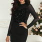 Black Sequin Velvet Sheer Mesh Mock Neck Blouse